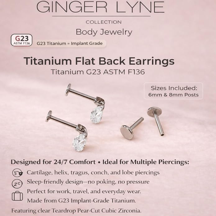 Titanium Pear Cut Labret Stud Dangle Earrings for Piercings by Ginger Lyne Teardrop Cz 6Pc Set G23 Screw Front Flat Back Body Jewelry 2 pair post 6mm, 8mm Cartilage, Helix, Tragus, Lip, Conch, Lobe