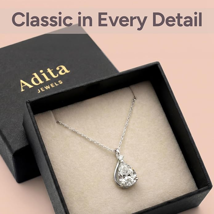 ADITA GOLD Birthstone Necklace for Women, 925 Sterling Silver Teardrop Pendant, Simulated Gemstone, Birthstone Jewelry