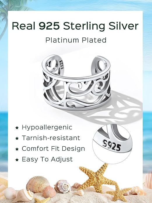 ChicSilver 925 Sterling Silver Toe Ring Minimalist Hypoallergenic Adjustable Band Ring Summer Beach Bare Foot Jewelry