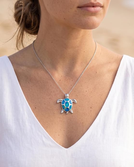 Created Blue Opal Ocean Necklace for Women, 925 Sterling Silver Pendant, 18 Inch Chain, Beach and Sea Life Jewelry Collection