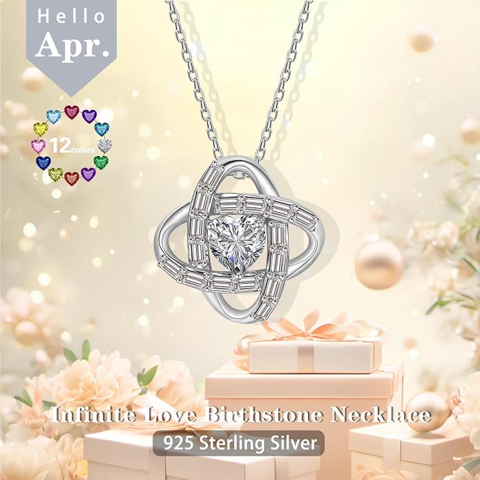 Birthstone Necklace for Women, S925 Sterling Silver Jewelry Gifts, White Gold Plated Love Knot Pendant, Anniversary Birthday Vanlentine Day's Gifts for Grandma, Wife, Mom and Sister