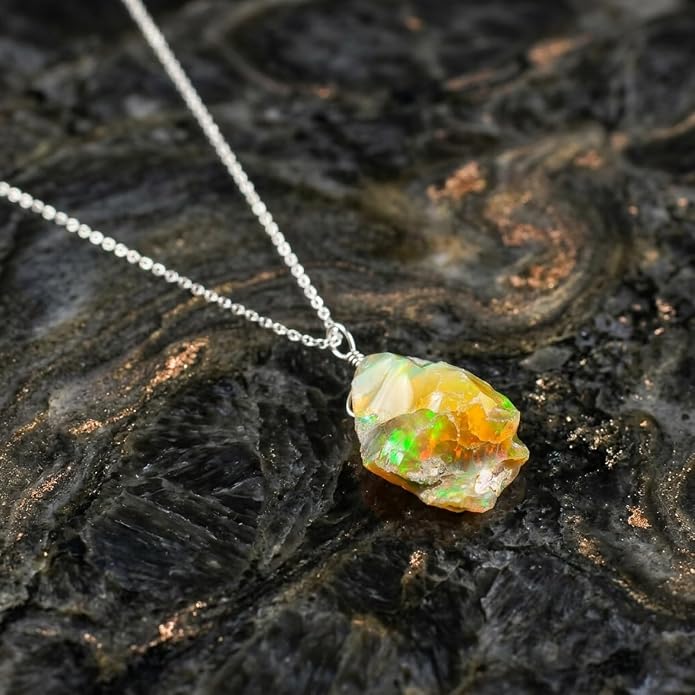 Raw Ethiopian Fir Opal Pendant Necklace for Women, Dainty Pendant, Handmade October Birthstone, Hypoallergenic Spiritual Healing Stone 925 Sterling Silver Chain 20" Birthday Gifts
