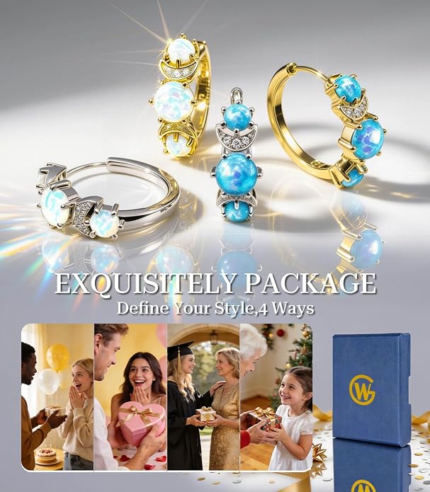 Opal Earrings for Women Gold Plated Hoop Earrings with Blue Opal Huggie with 925 Sterling Silver Post