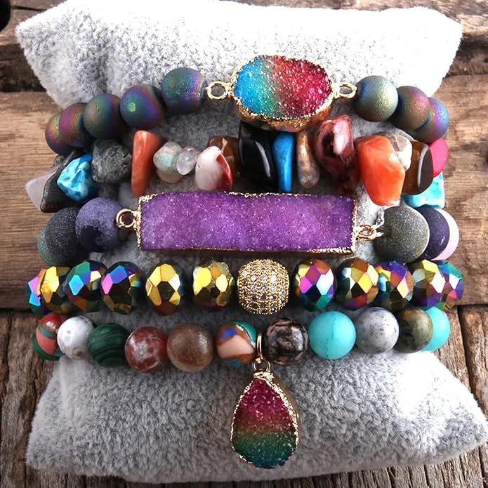 Yomisa 5PCS 6PCS Natural Boho Beaded Bracelets/Bangle for Women Men,Healing Turquoise Jasper Agate Crystal Gemstone Stone Chakra Multilayer Wrap Bohemian Handmade Jewelry Beads Stretch Bracelet Set