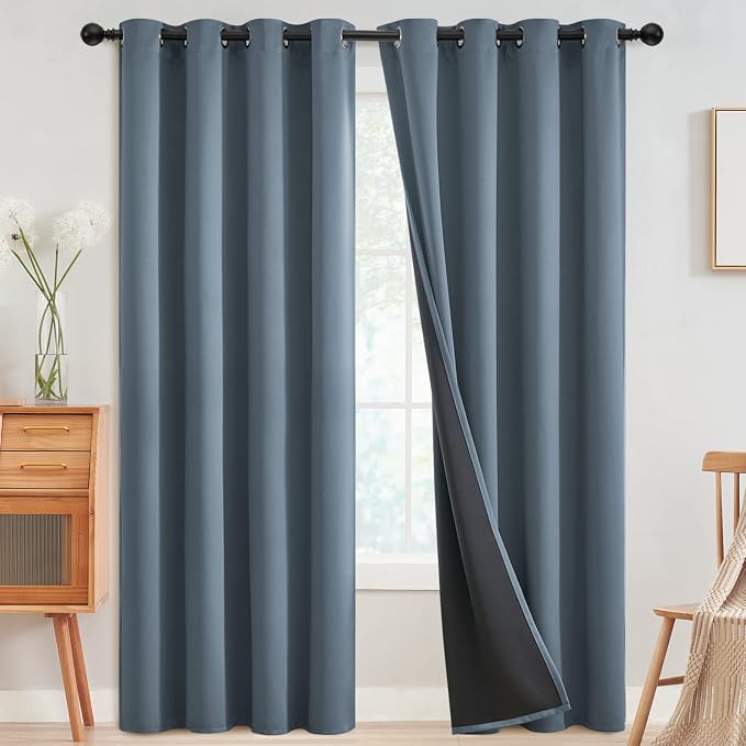 SimpleHome Stone Blue 100% Blackout Curtains Room Darkening Living Room 96L | Curtains for Bedroom,Thermal Insulated Grommet Window Drapes,Curtains for Living Room with Black Back,52 x 96 Inch,2 Panels