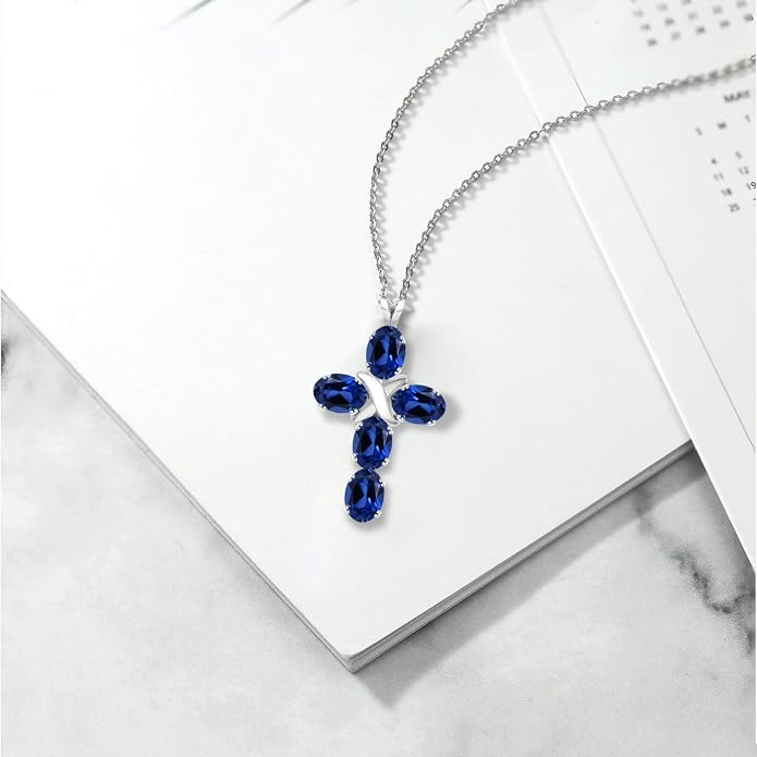 Gem Stone King Cross Pendant Necklace for Women | 925 Sterling Silver | 6X4MM Gemstone Birthstone | Jesus Christian Religious Crucifix Jewelry Gifts | 18 Inch Chain