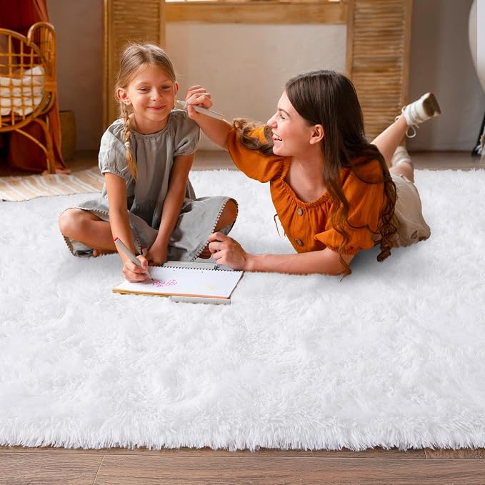 Dssimo White Fluffy Rugs for Bedroom 6x9 Soft Shag Carpet for Bedside | Plush Furry Non-Slip Cream Area Rug for Living Room Nursery Kids Room Dorm Room Home Decor, Indoor Plush Floor Carpet