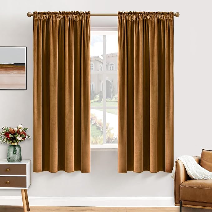 MIULEE Golden Brown Blackout Velvet Curtains Drapes 63 Inch Long 52"x63" | Luxurious Bedroom Living Room Decor, Room Darkening, Thermal Insulated, Rod Pocket Design, Super Soft Fabric