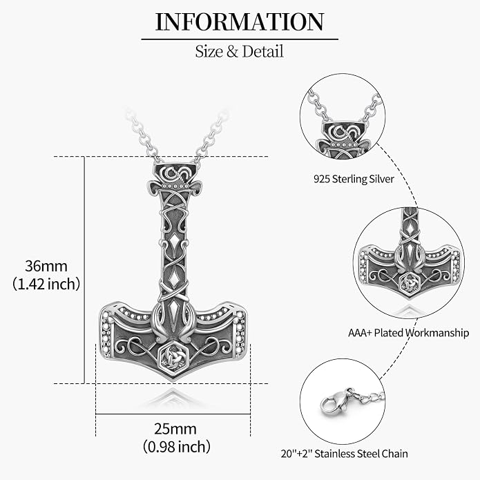 Tetragrammaton/Thors Hammer/Viking Axe/Jewish/Yahweh Necklace for Men 925 Sterling Silver Viking Norse Pagan Jewelry Gifts for Women