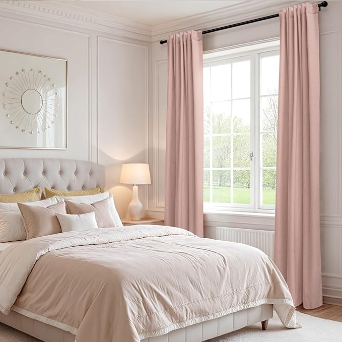 100% Blackout Shield Linen Blackout Curtains for Bedroom 80 Inches Long,Back Tab/Rod Pocket Living Room Drapes,Thermal Insulated Textured Blackout Curtains 2 Panels Set,50" W x 80" L,Blush Pink