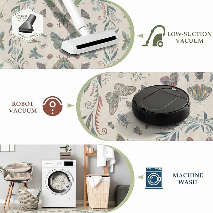 5x8 Beige and Green Nursery Rug - Colorful Rug for Playroom, Bedroom, Living Room, Insect Butterfly Floral Non-Slip Soft Carpet