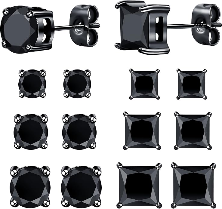 MDFUN 6 Pairs Stud Earrings Set 3mm/5mm/7mm Princess & Round Cubic Zirconia Earrings Hypoallergenic 316L Surgical Stainless Steel CZ Earrings for Women Men