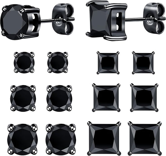 MDFUN 6 Pairs Stud Earrings Set 3mm/5mm/7mm Princess & Round Cubic Zirconia Earrings Hypoallergenic 316L Surgical Stainless Steel CZ Earrings for Women Men