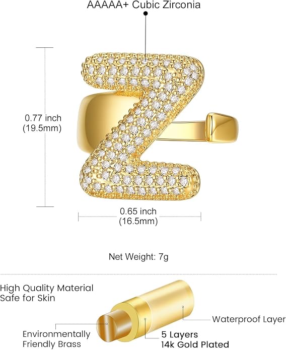 KeyStyle Bold Initial Letter Rings Adjustable, GoldChic Jewelry Women Gold Statement Ring Personalized Engraved Women’s Open Signet Ring for Party (Gold, White Gold, Black)