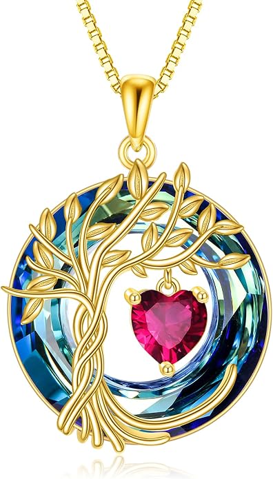 POPLYKE Mothers Day Gifts for Mom Her Wife Tree of Life Necklace 925 Sterling Silver Birthstone Pendant with Crystal Anniversary Birthday Wedding Jewelry for Women