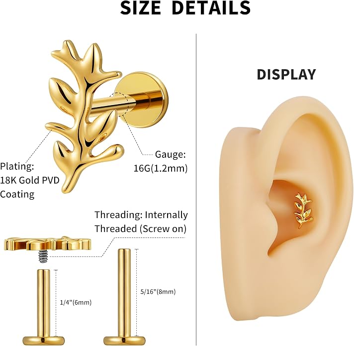 FINE4U 1PC Leaf Flat Back Stud Flat, Helix, Conch, Tragus 6mm 8mm - ASTM F136 Titanium Screw on Body Piercing Jewelry