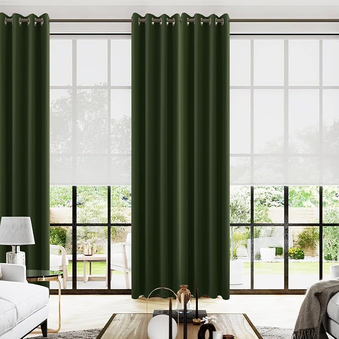 KOUFALL Olive Green Curtains 108 Inch Blackout Curtains, Grommet Thermal Insulated Room Darkening Window Drapes for Living Room Bedroom, Forest Green