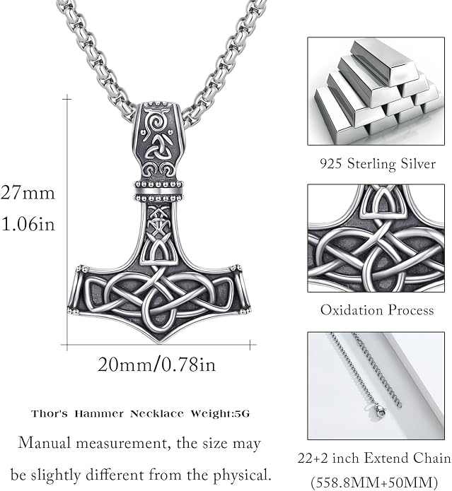 925 Sterling Silver Viking Norse Mjolnir Thor Hammer Pendant Amulet Necklaces with Gifts Box