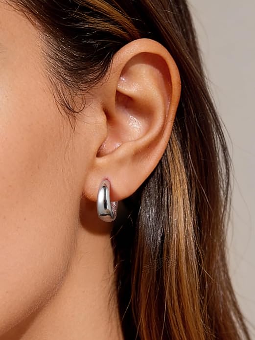 ChicSilver Solid 925 Sterling Silver Chunky Hoop Earrings for Women, Silver Small Thick Huggie Earrings Hypoallergenic Lightweight Silver Hoop Earrings for Sensitive Ears (8/10/12/14mm)
