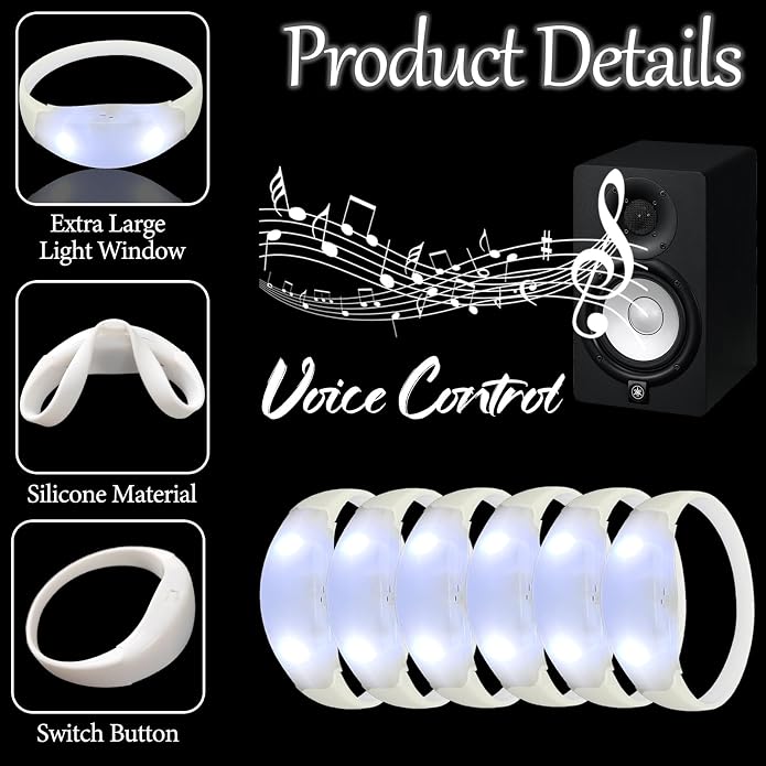 100 Pcs Sound Activated LED Glow Bracelets Light Up Bracelets for Adults Glow in the Dark Neon Birthday Party Favors