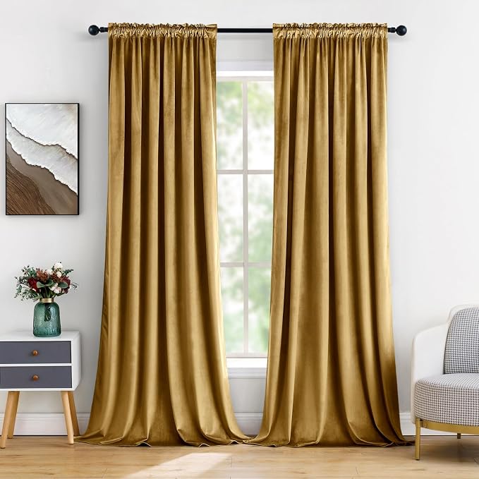 MIULEE Golden Blackout Velvet Curtains Drapes 84 Inch Long 52"x84" Bedroom | Luxurious Bedroom Living Room Decor, Room Darkening, Thermal Insulated, Rod Pocket Design, Super Soft Fabric