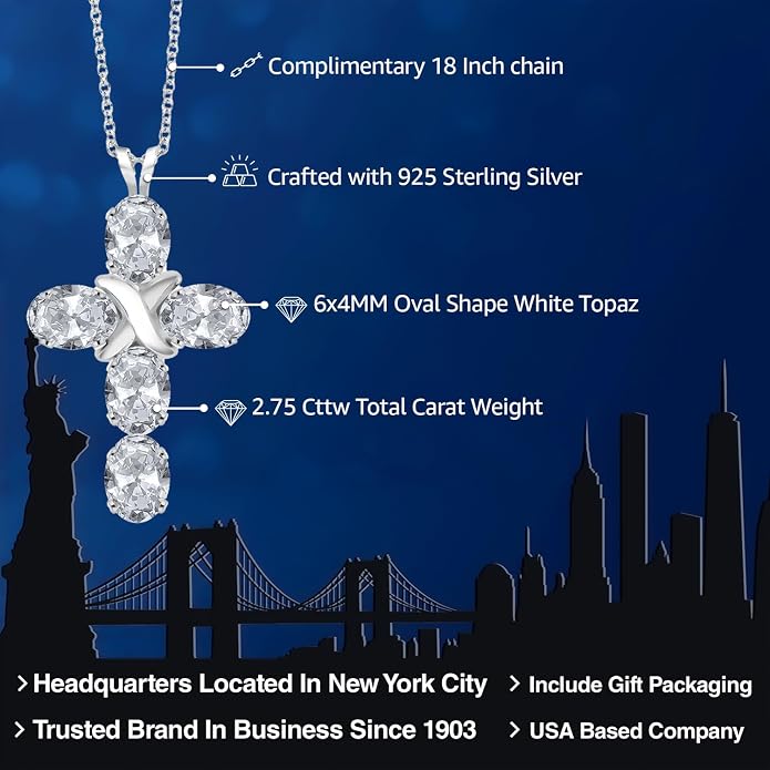 Gem Stone King Cross Pendant Necklace for Women | 925 Sterling Silver | 6X4MM Gemstone Birthstone | Jesus Christian Religious Crucifix Jewelry Gifts | 18 Inch Chain