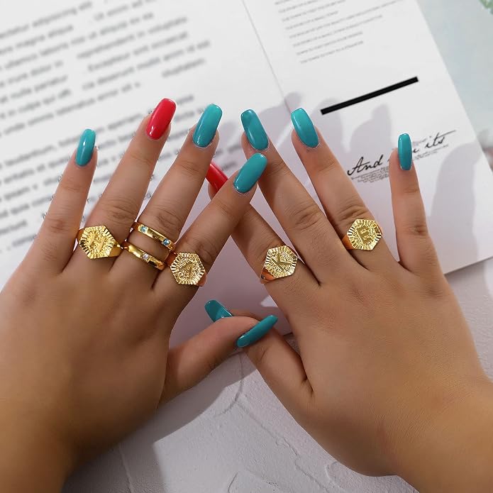 U7 Initial Ring Wedding Band for Men Women 18K Gold Plated Statement Hexagon A-Z Letter Jewelry Personalized Stackable Signet Rings