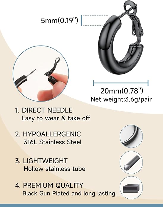 Stainless Steel Chunky Hoop Earrings For Women, Minimalist and Chic, Black/Gold Plated, Round Hoops Earrings Hypoallergenic, Size: 30mm/40mm/60mm/80mm, Come with Box