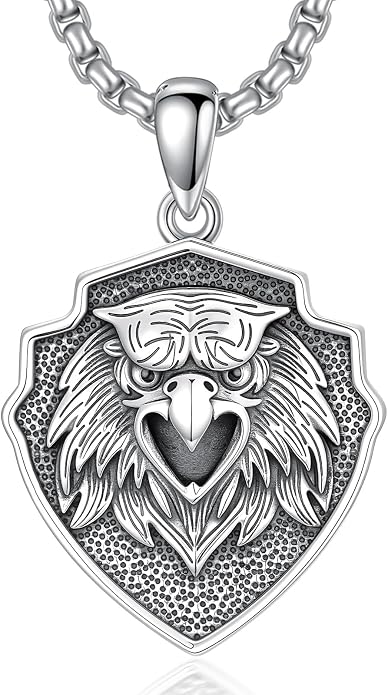 SIMONLY Eagle/Wolf/Skull Necklace for Men 925 Sterling Silver Shield Fish Hook Pendant Amulet Necklace Viking Shield Jewelry Christmas Gifts for Him
