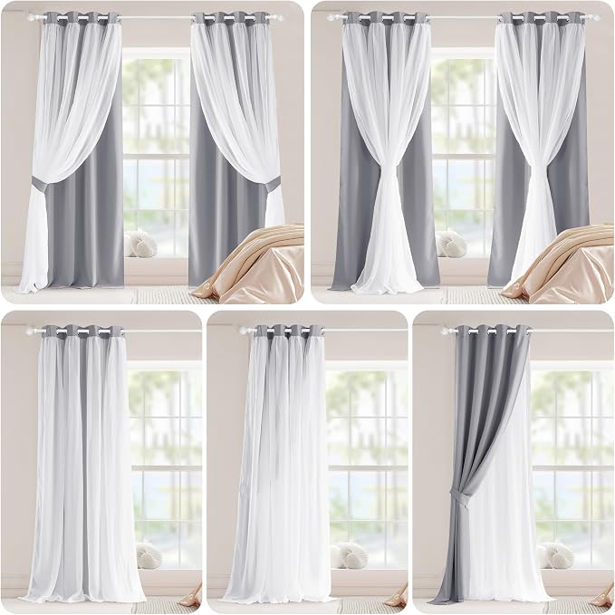 PONY DANCE Blackout Curtains Sheer Overlay - Decorative Window Drapes with Grommet Mix & Match for Bedroom, 52 x 63 in, Silver Grey, 2 Pieces