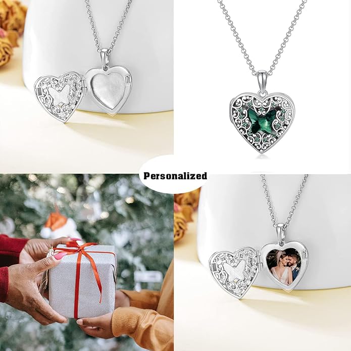 Dorunmo Personalized Locket Necklace 925 Sterling Silver that Holds Pictures Butterfly Birthstone Photo Heart Locket Custom Jewelry Congratulations New Beginnings New Job Gifts for Women