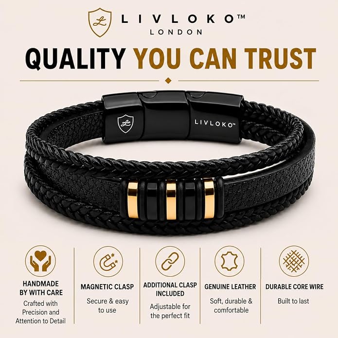 LONDON Mens Bracelet Leather Black Multi-Layer Stone Beads Adjustable Steel Clasp Viking Rope Bands Surfer Man Wristband Male UK Jewellery Gift box Boyfriend Dad Son Brother Tiger Eye
