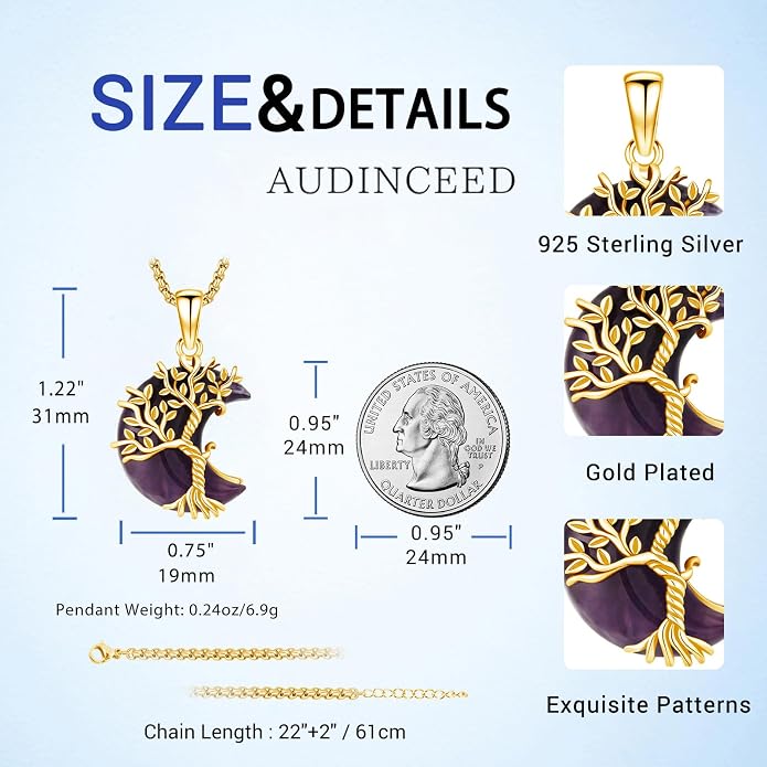 925 Sterling Silver Tree of Life Necklace, Crescent Moon Pendant with Amethyst, Moon Crystal Healing Jewelry Gift for Women