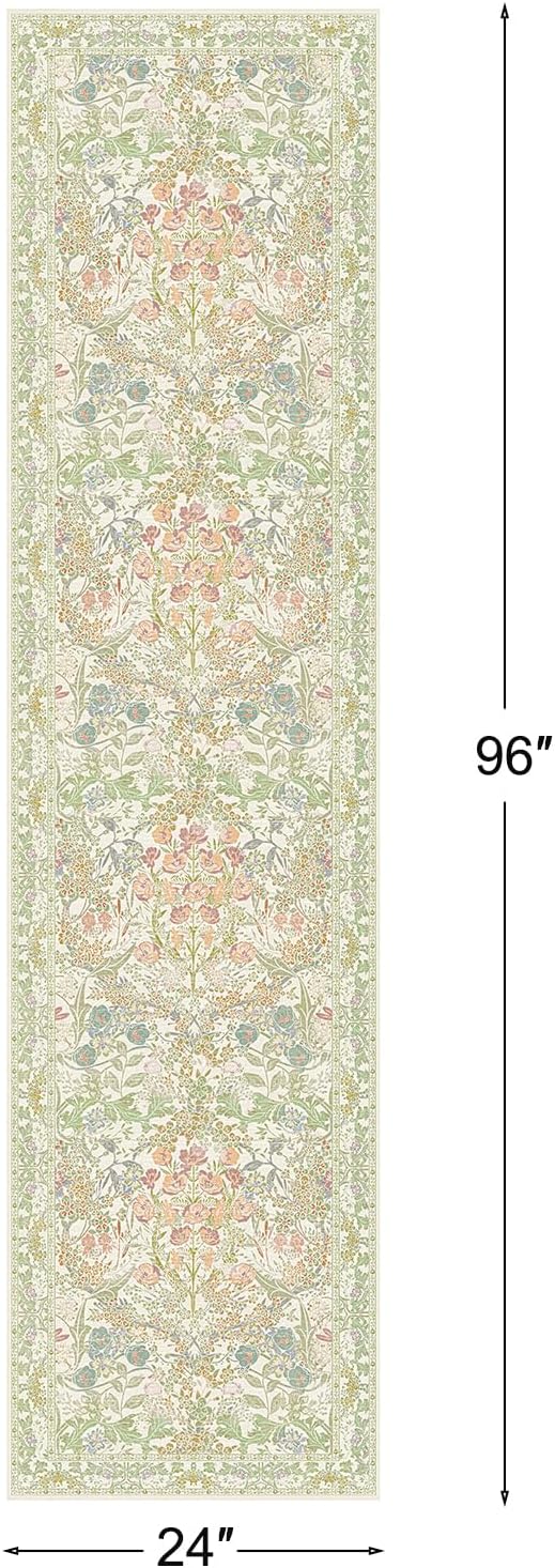 Sage Green Washable 2x8 Runner Rug for Bathroom, Hallway, Kitchen, Non-Slip & Stain Resistant 8ft Long Entryway Floor Rug, Retro Boho Floral Décor