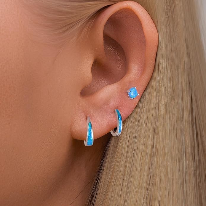 CiNily Opal Earrings Set for Women Hypoallergenic, Opal Stud Huggie Hoop Earrings Silver/Rose Gold Plated Dainty Hoop Huggie Silver Dangle Earring Stacks, Gold Jewelry
