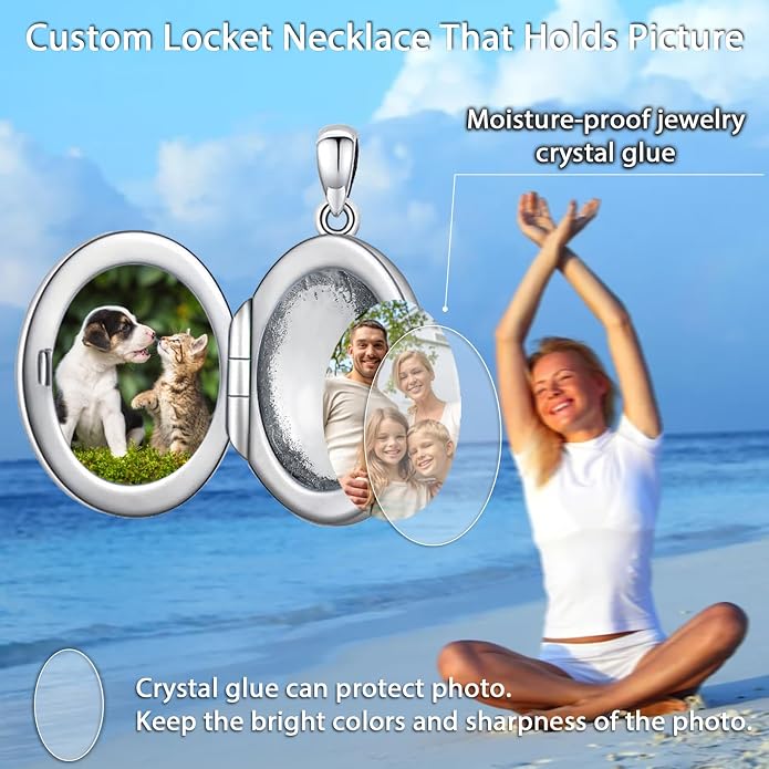 Round/Heart/Oval Shape Locket Necklace That Holds Pictures 925 Sterling Silver Personalized Birthstone Photos Engraved Locket Pendant Birthday Memorial Jewelry Gift for Women
