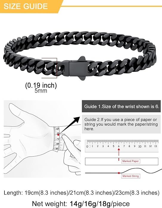 U7 Cuban Link Bracelets for Men Stainless Steel Wrist Bracelet Silver Black Gold Cuban Hand Chain Bracelet for Mens Women, 5/7/9/12mm Width, 7.5/8.3/9 Inch Length Classic Jewelry with Box Packed