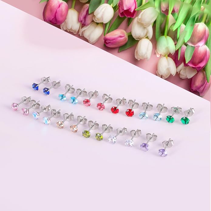 12 Pairs Surgical Stainless Steel Stud Earring Round Heart Star Square Cubic Zirconia Birthstone Stud Earrings Set for Women