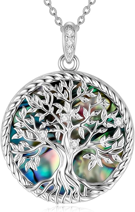 Tree of Life Moissanite Necklace, 925 Sterling Silver 0.5 Carat Moissanite Abalone Shell/Opal/Black Onyx/Turquoise/Malachite/Tiger Eye Stone Tree of Life Pendant Necklaces Jewelry Gift for Women Mom