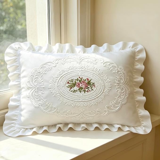 20x20 Pillow Covers, White Lace Square Cushion Cover 100% Cotton Throw Pillow Cover Pillowcase Set of 2, Decorative Cushion case,Handmade Pillowcase with Ruffles