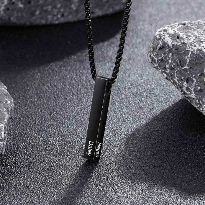 Personalized Men's Name Bar Necklace Engraved Initial Name Stainless Steel Vertical Bar Necklace for Father Husband Boyfriend Birthday