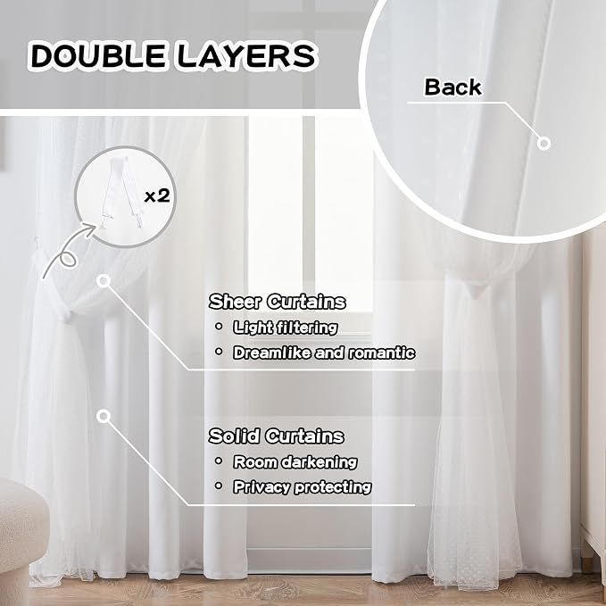 MYSKY HOME White Curtains for Girls Bedroom & Nursery Kids Cute Curtains 72 inch Long Double Layer with Polka Dots Sheer, Grommet Tops, 52" Wide Each Panel, 2 Panels