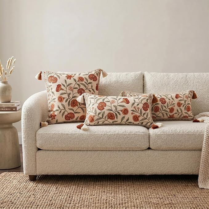 ISAENNE French Linen Rectangle Throw Pillow Cover,Set of 2,28"x12"-Albano A | Designer Vintage Pillow Cover,Concealed Zipper Design,Orange Floral Pattern,Sofa,Bedroom,Living Room,Lounge Chairs