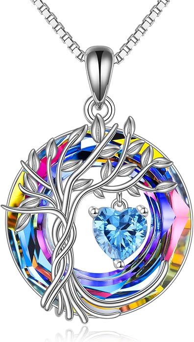 POPLYKE Mothers Day Gifts for Mom Her Wife Tree of Life Necklace 925 Sterling Silver Birthstone Pendant with Crystal Anniversary Birthday Wedding Jewelry for Women