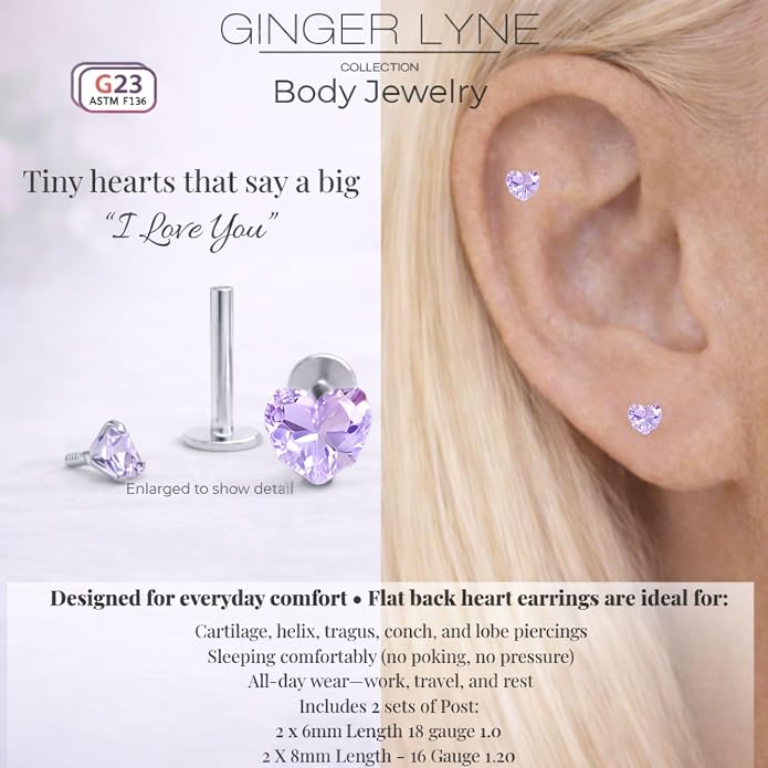 Titanium Heart CZ Labret Stud Earrings for Piercings by Ginger Lyne 6Pc Set G23 Screw Front Flat Back Body Jewelry 2 pair post 6mm, 8mm Cartilage, Helix, Tragus, Lip, Conch, Lobe