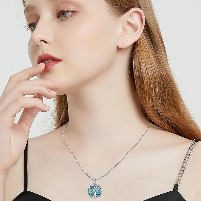 Aniu Tree of Life Necklace for Women, 925 Sterling Silver Mother of Pearl Family Palm Tree Charm Pendant Jewelry for Birthday Christmas Gift