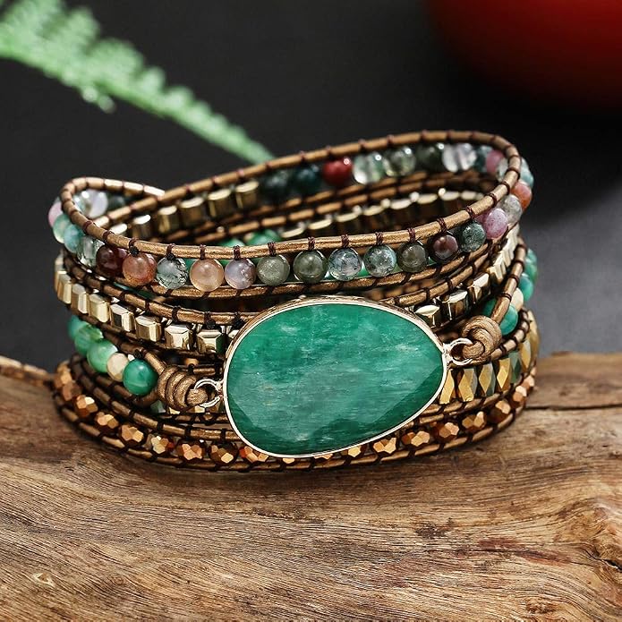 Plumiss Women Boho Handmade Natural Stone Crystal Leather Bead Wrap Bracelets Collection