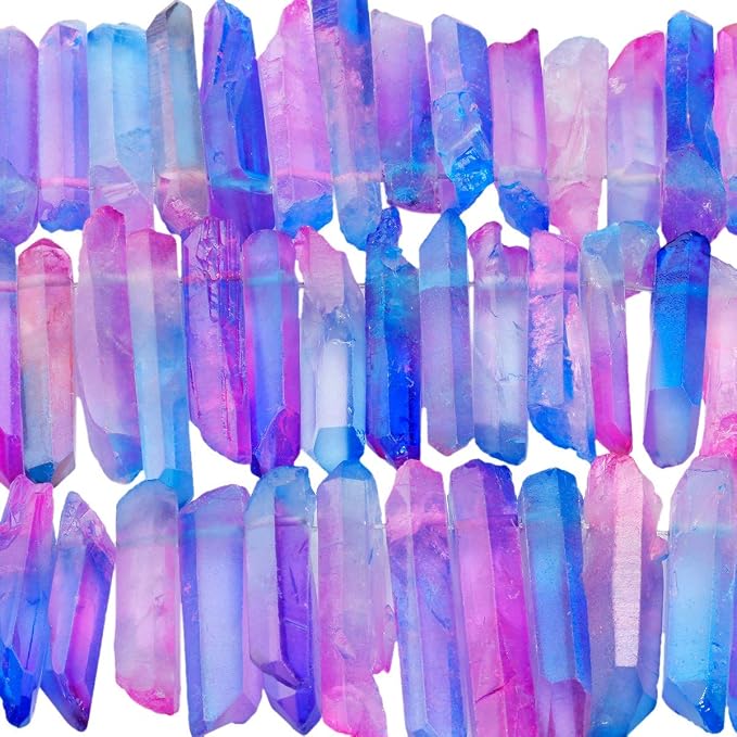 TUMBEELLUWA Rock Quartz Crystal Points Loose Beads for Jewelry Making, Titanium Coated Polished/Raw Quartz Beads 15 Inches Top Drilled,Blue/Pink Crystal Points(0.5"-1.6")