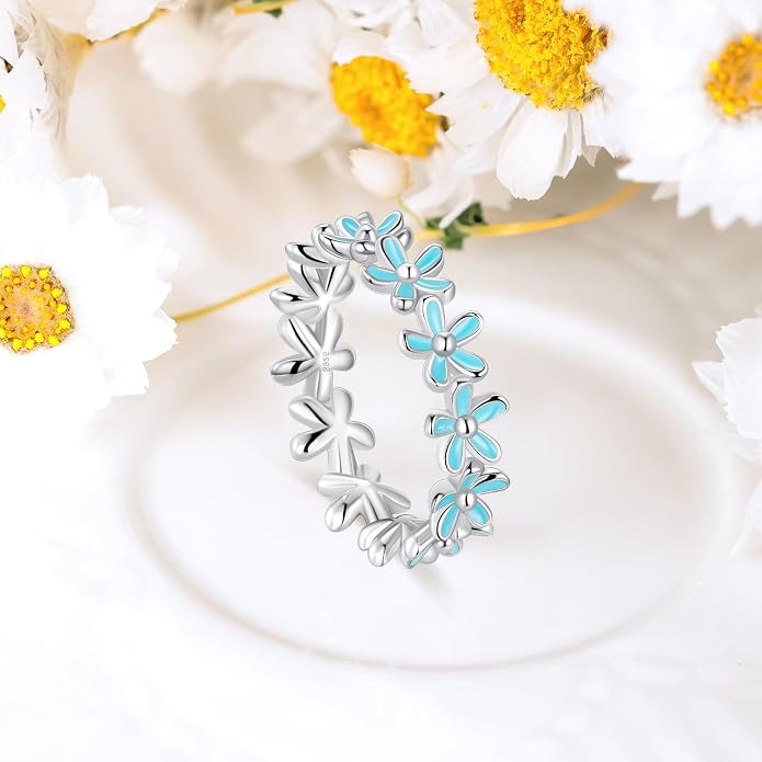 S925 Sterling Silver Dainty Daisy Flower Rings for Women, I Think Of You Every Daisy, 12 Month Birth Flower Ring