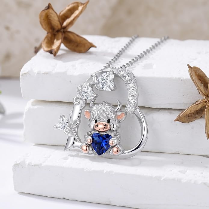 PELOVNY Teddy Bear Necklace for Women 925 Sterling Silver Bear/Highland Cow/Fox/Cat/Axolotl Birthstone Necklace Christmas Birthday Jewelry Gifts for Mom Daughter Wife Sister